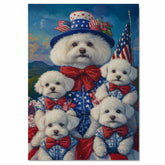 Bichon Frise Mother and Four Puppies in Patriotic Outfits with American Flags and Mountain Sunset Background on Ready to Hang 1.5" Thick Canvas Wrap, Floating Framed Canvas, Flat Rolled Canvas